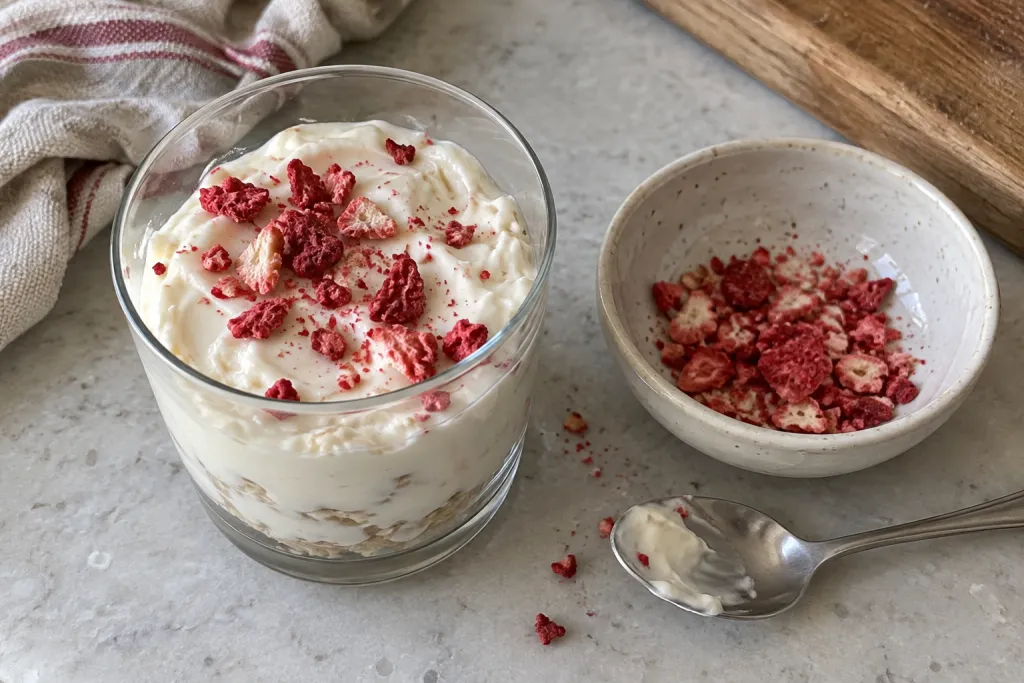 Кремовый десерт с кусочками сублимированной клубники при сборке