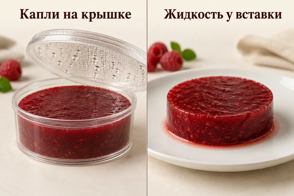 Капли на крышке контейнера и жидкость возле фруктовой вставки: два разных места появления влаги