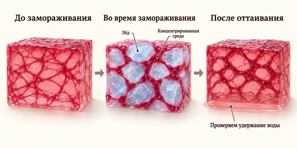 Схема распределения воды в фруктовом геле до замораживания, при образовании льда и после оттаивания