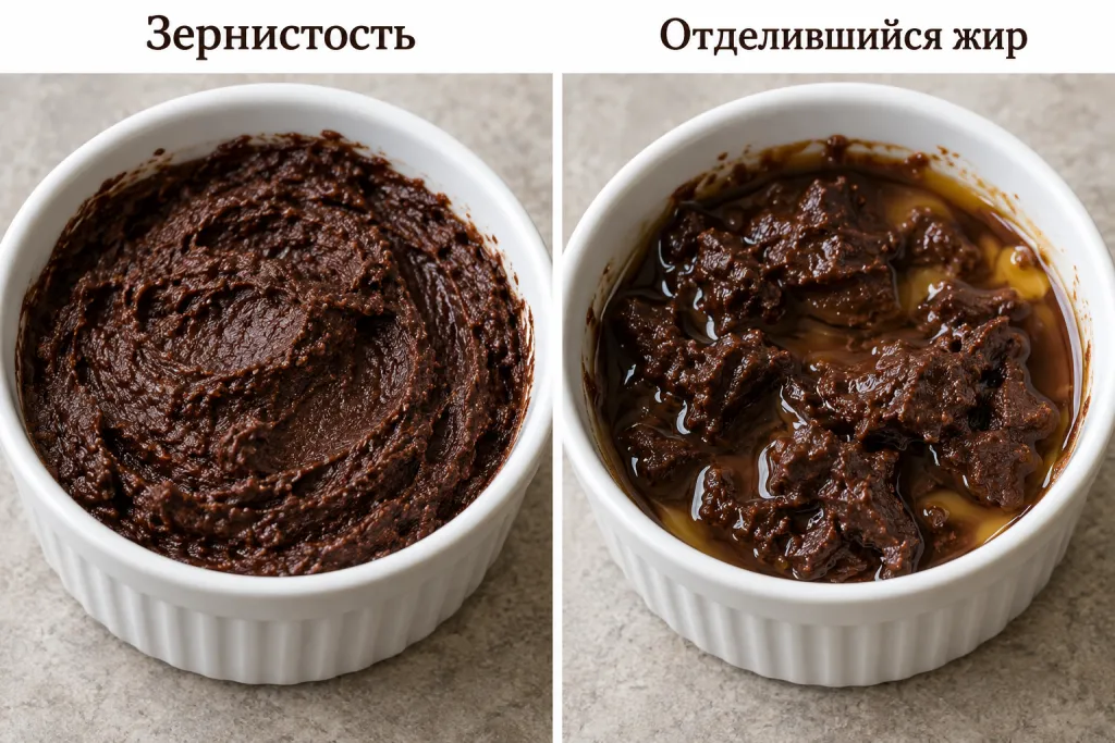 Сравнение зернистого ганаша и ганаша с видимым отделившимся жиром