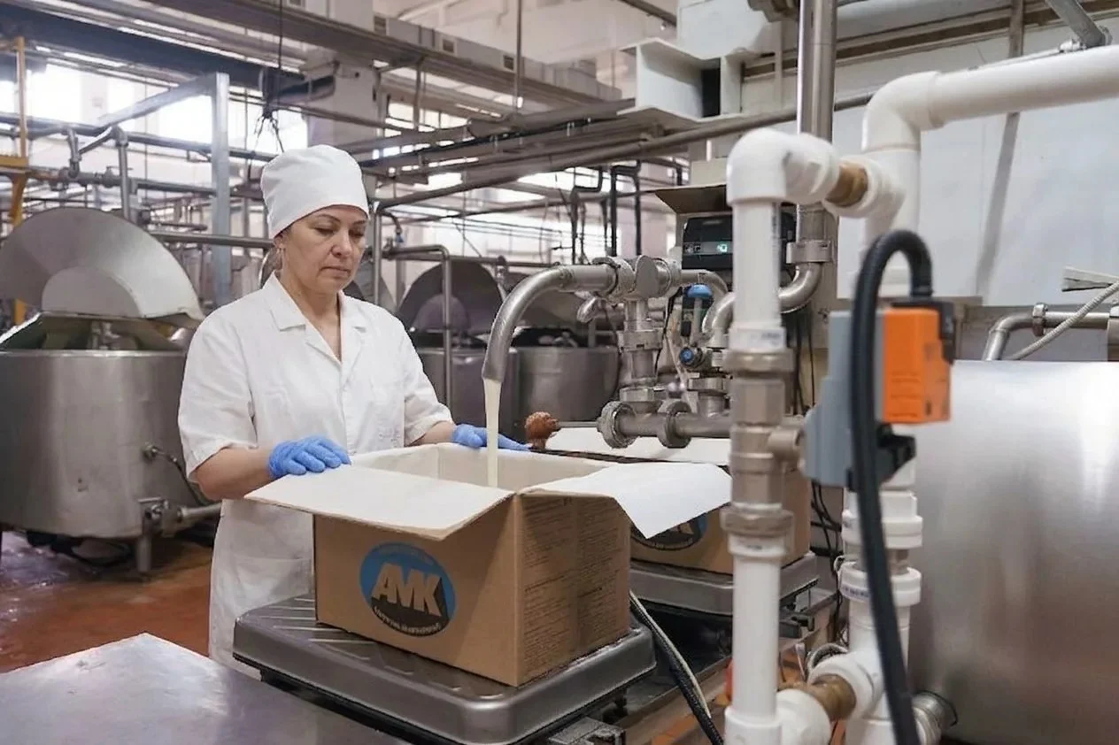 Фасовка молочной продукции на Альметьевском комбинате.